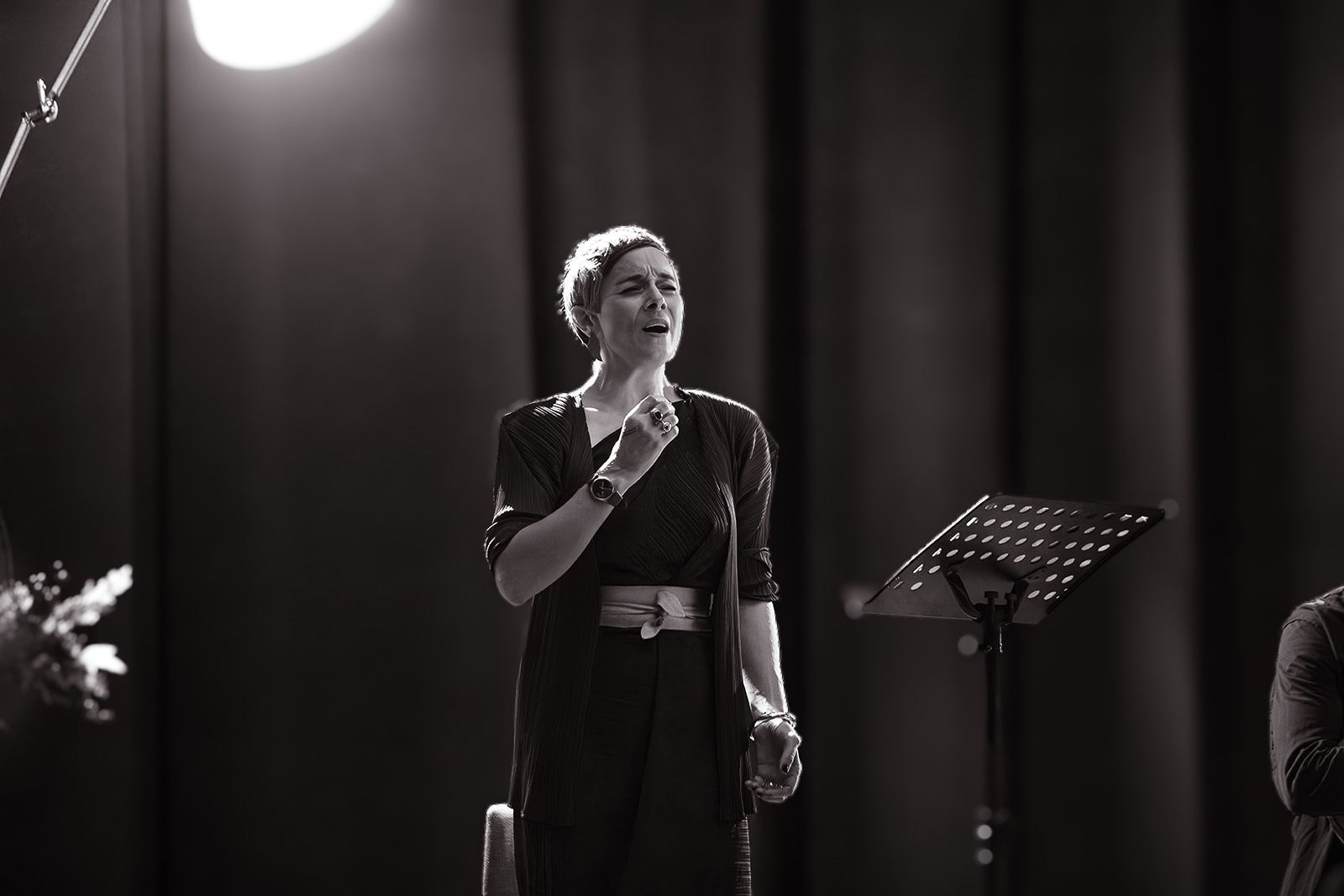Black and white: Anna Dennis mid-phrase