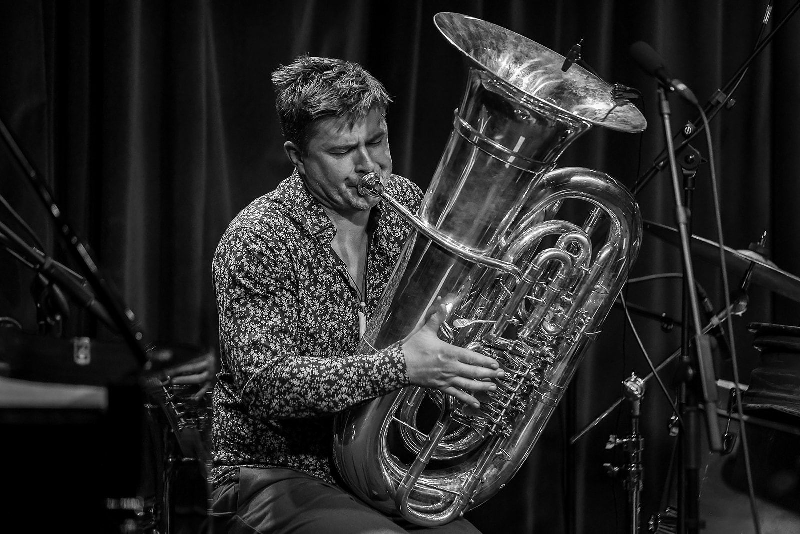 Black and white: Daniel Herskedal playing tuba