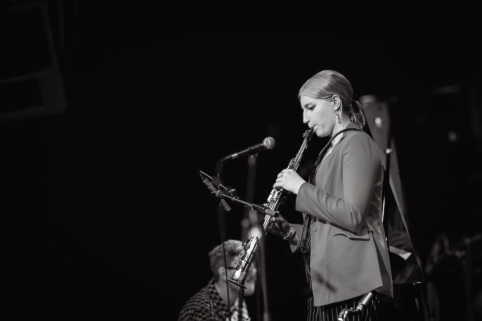 Black and white: Emma Rawicz on soprano saxophone