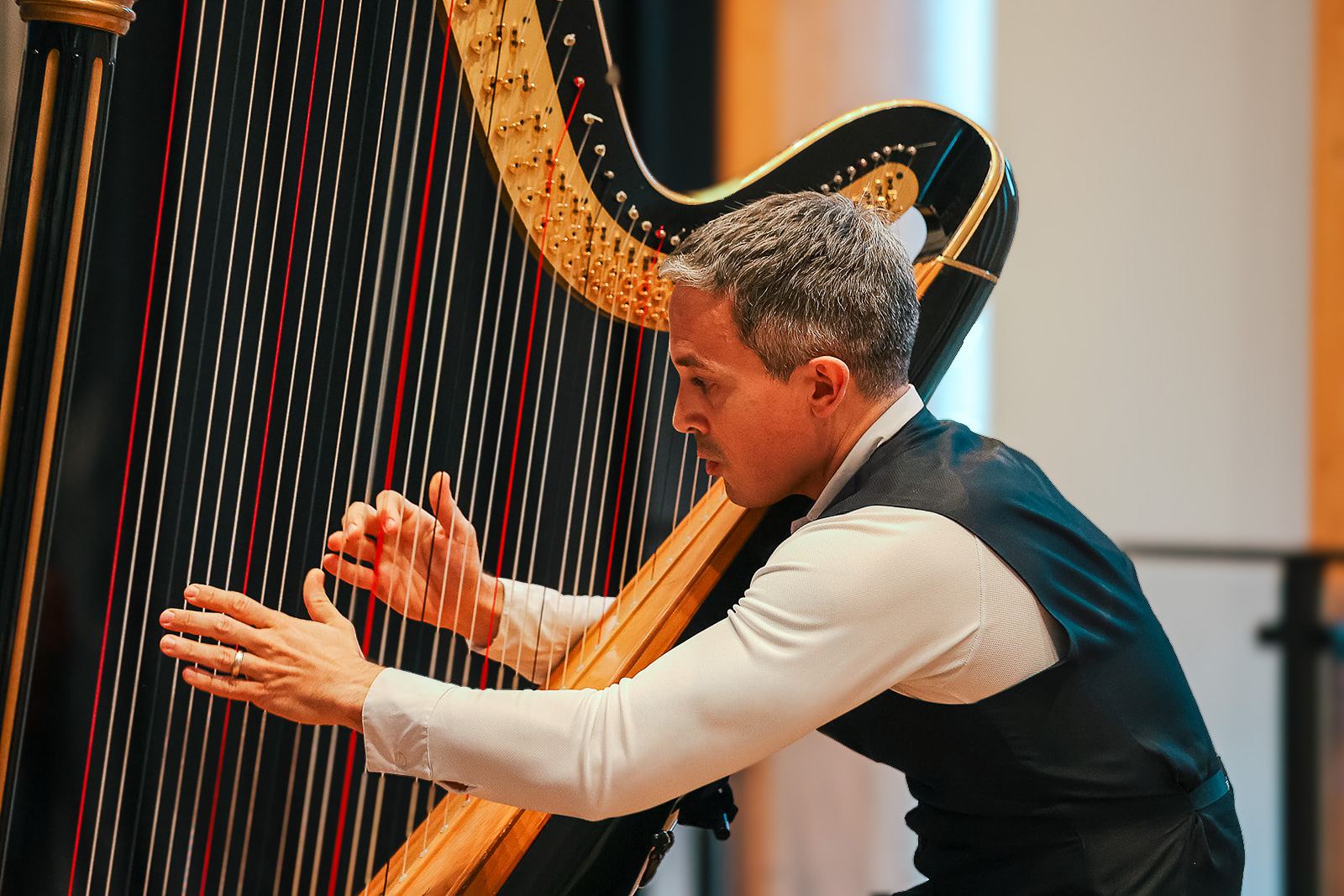 Close on Emmanuel Ceysson's hands in the harp strings