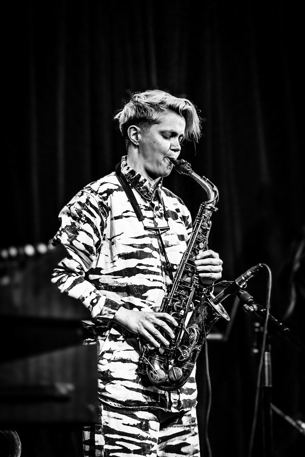 Black and white: Linda Fredriksson playing in a tiger-print suit