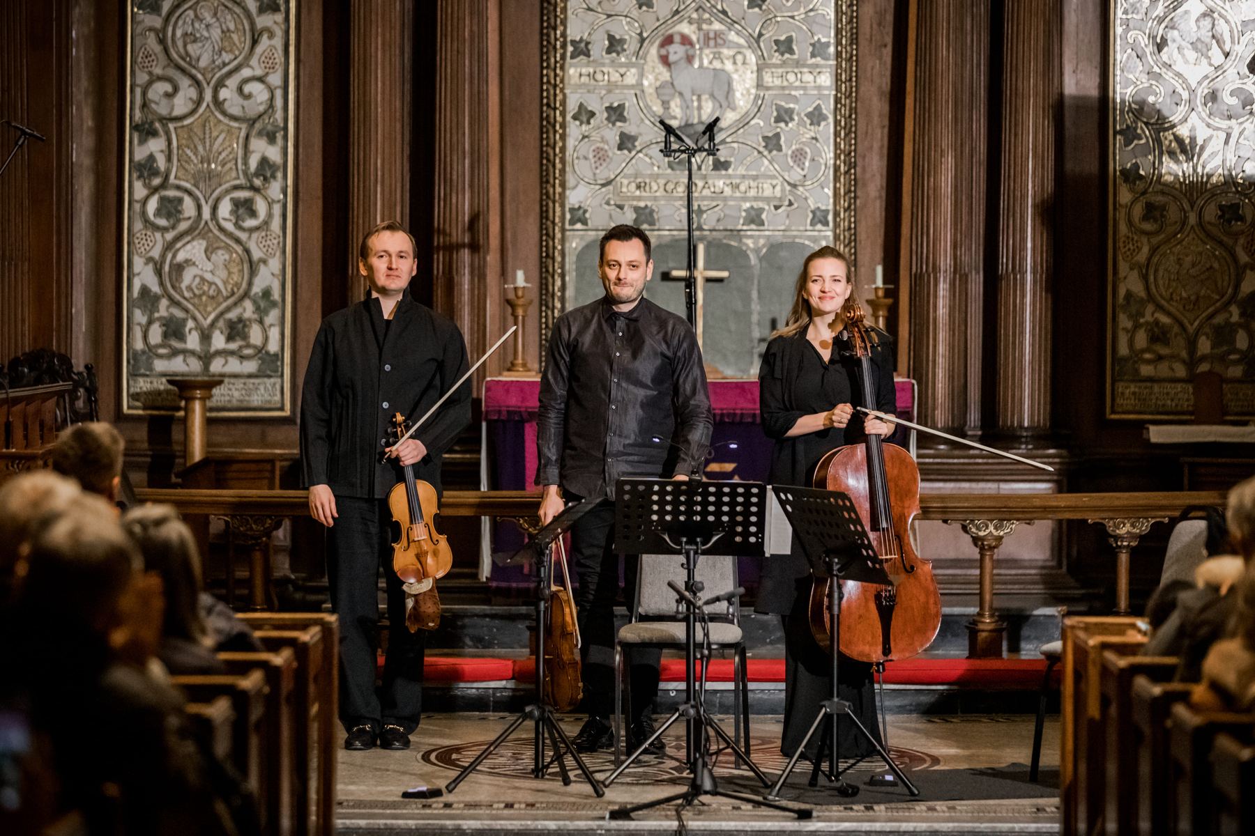 Maxim Rysanov, Nikita Boriso-Glebsky and Dóra Kokas standing to take their applause